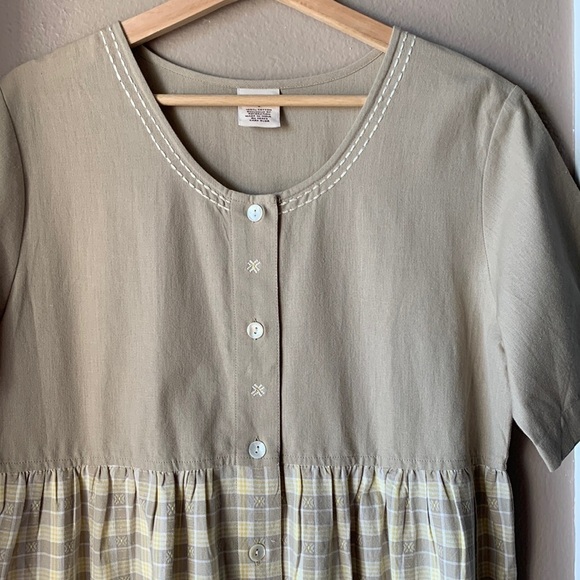 Bechamel Dresses & Skirts - BECHAMEL Tan and Yellow Prairie Plaid Short Sleeve Midi Dress